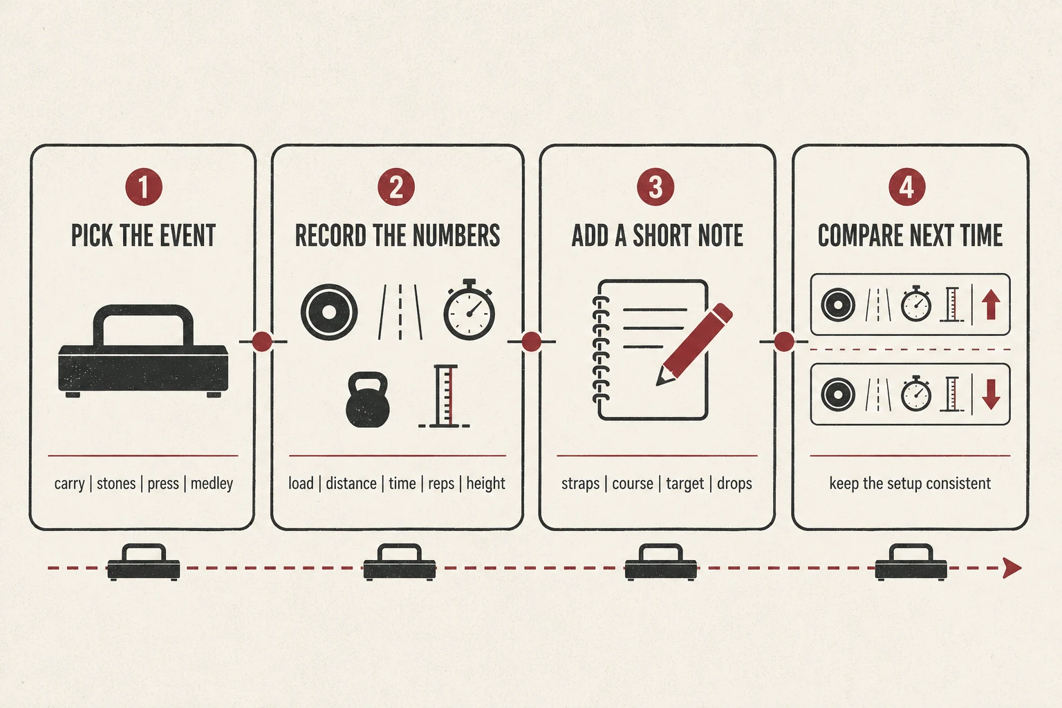 A simple strongman logging process Four steps for recording a strongman event: pick the event, record the numbers, add a short note, and compare the next attempt