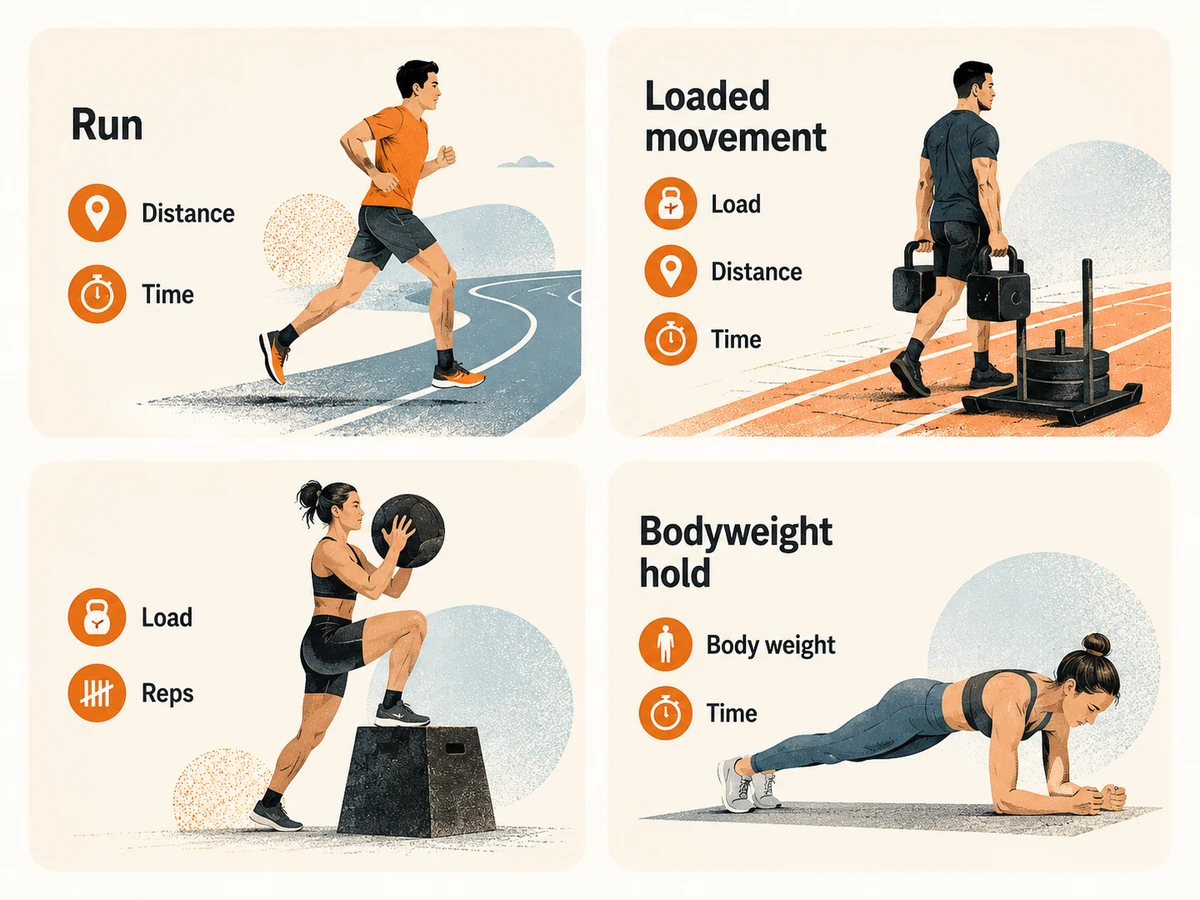 Choose metrics that fit each HYROX preparation exercise Four training examples showing useful metrics for running, loaded movement, weighted step-ups, and a bodyweight hold.