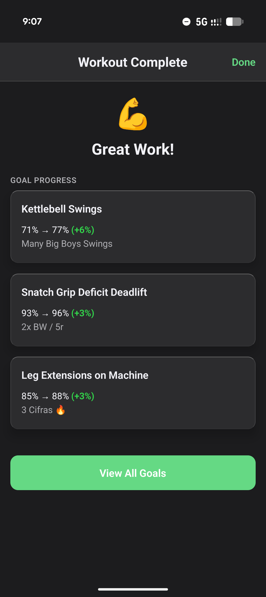 Workout complete screen showing goal progress with green percentage improvements