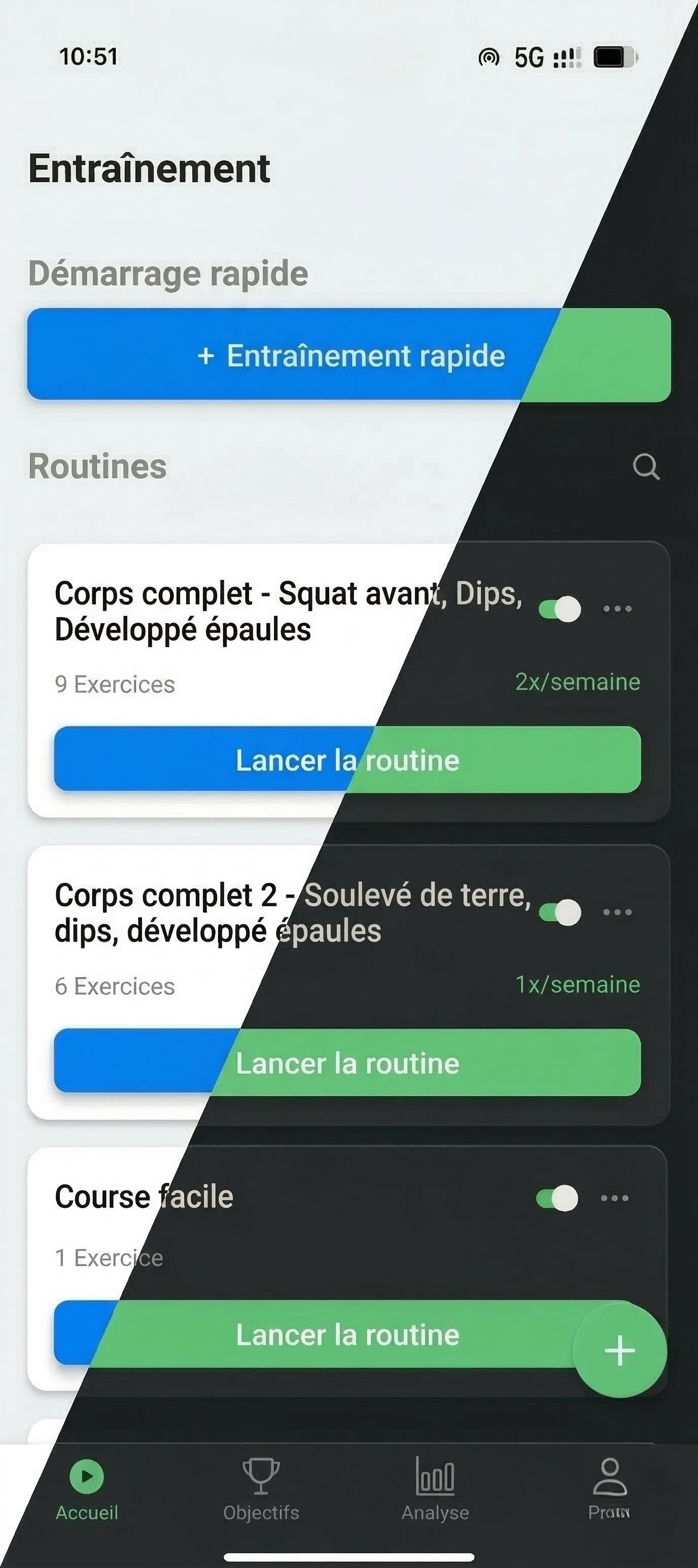 Application Workout Lab en thème clair et sombre