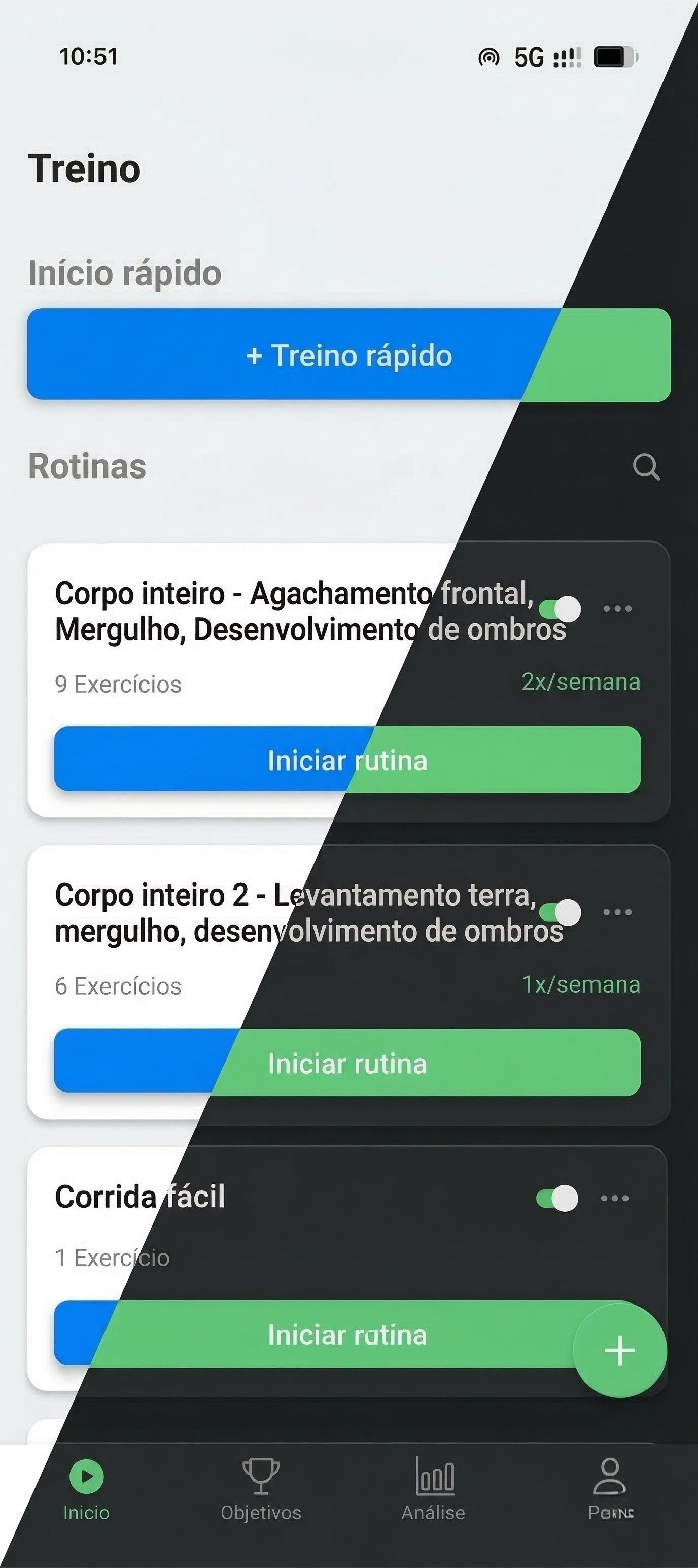 App Workout Lab nos temas claro e escuro