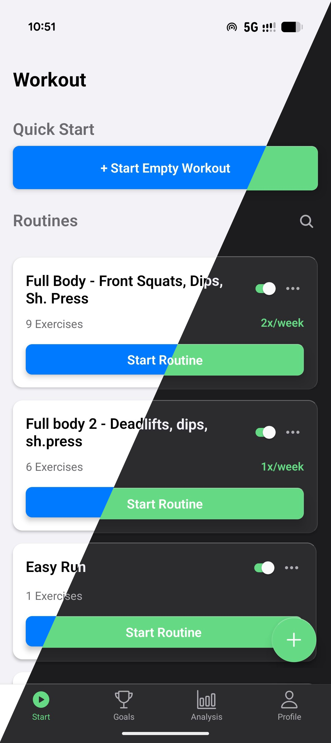 Workout Lab app showing light and dark theme