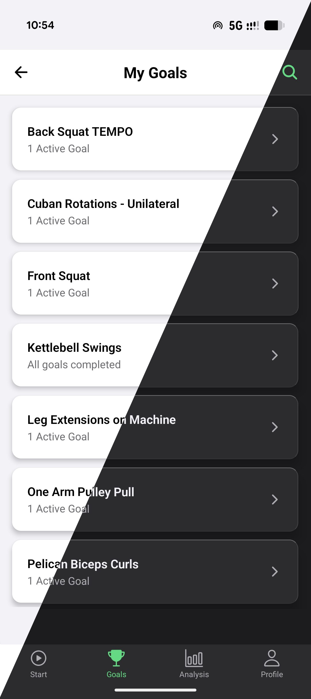 Ziele-Bildschirm mit mehreren Übungen