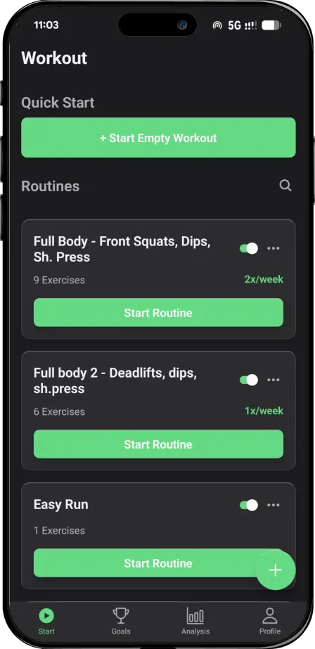 Workout Lab app showing light and dark theme