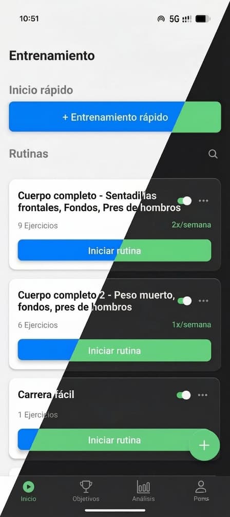 App Workout Lab mostrando los temas claro y oscuro