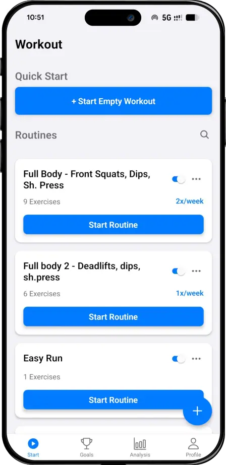 Workout Lab app showing light and dark theme